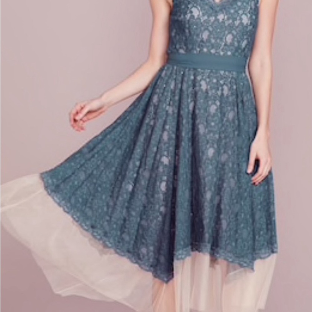 Lauren Conrad steel blue lace dress with handkerchief hem! Sheer top & hemline.